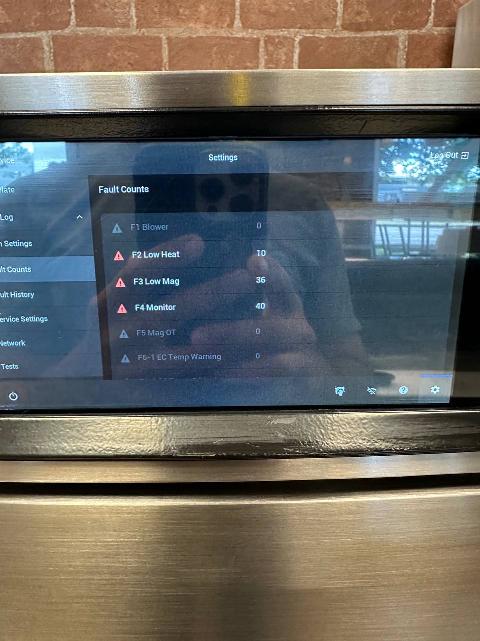TurboChef service menu showing the F4 monitor diagnostic screen from a service visit