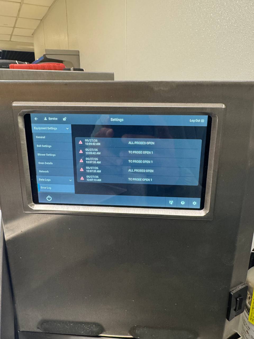 TurboChef service error log showing ALLPROBESOPEN and TCPROBEOPEN1 probe-open faults from a service visit