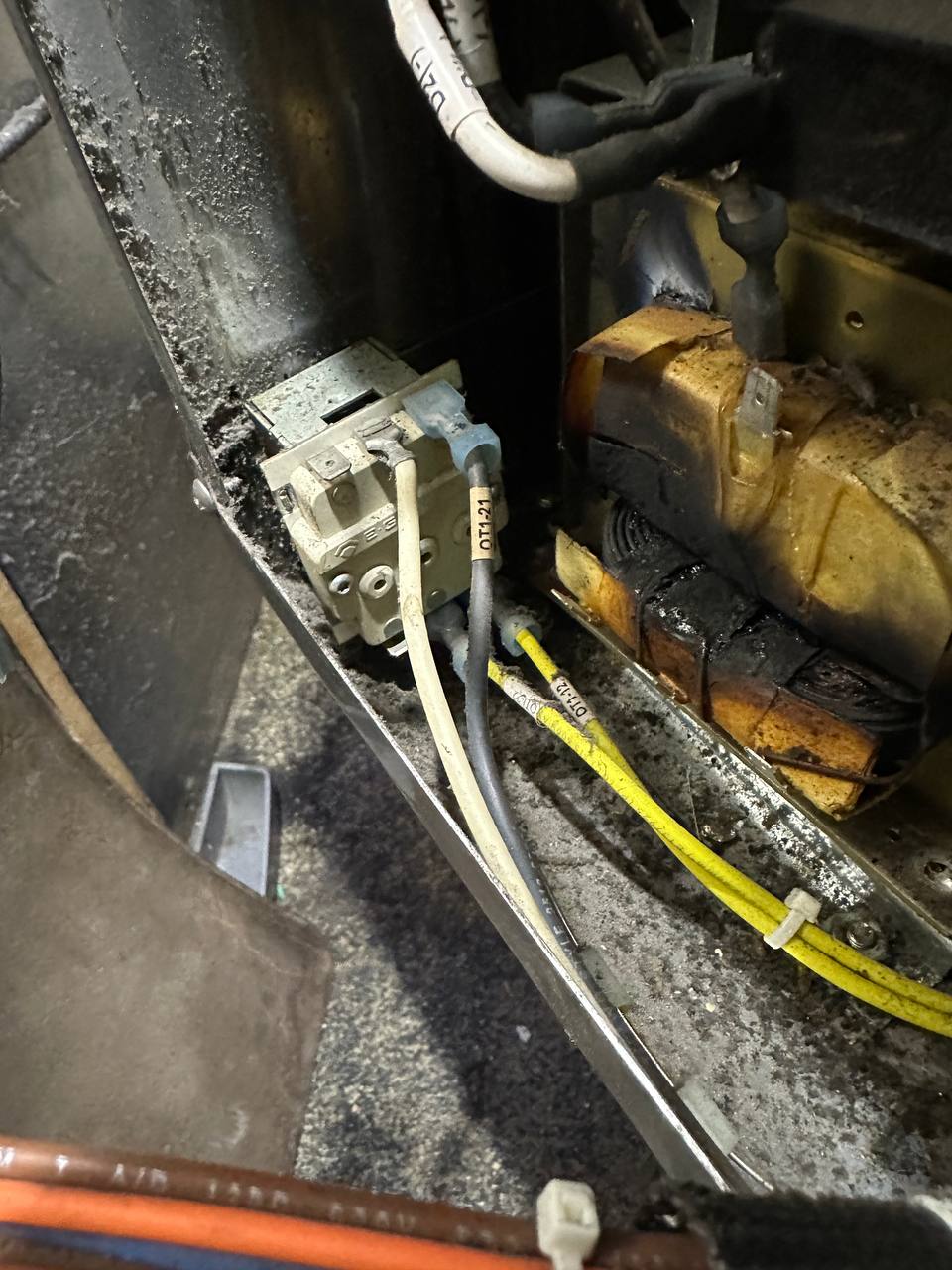 TurboChef relay and burnt transformer component photographed during a service visit
